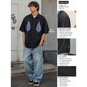 Vintage Dragonfly Men's XL Blue Flame Button Up Shirt Y2K Bowling Hot Rod Black
